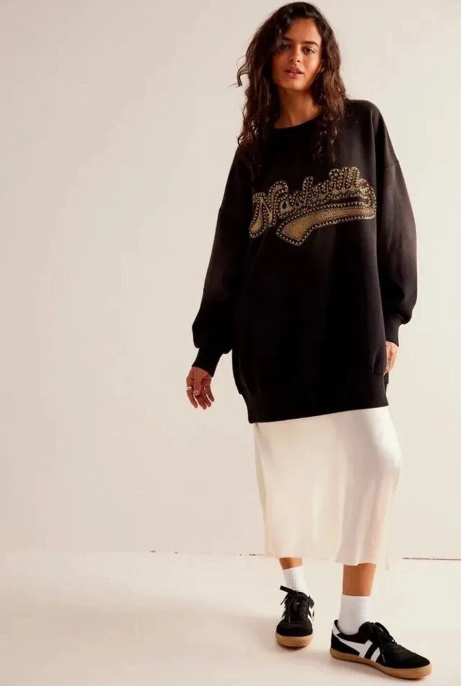 Free People Bali Drifter Oversized Nashville Embellished Sweatshirt Sz L
